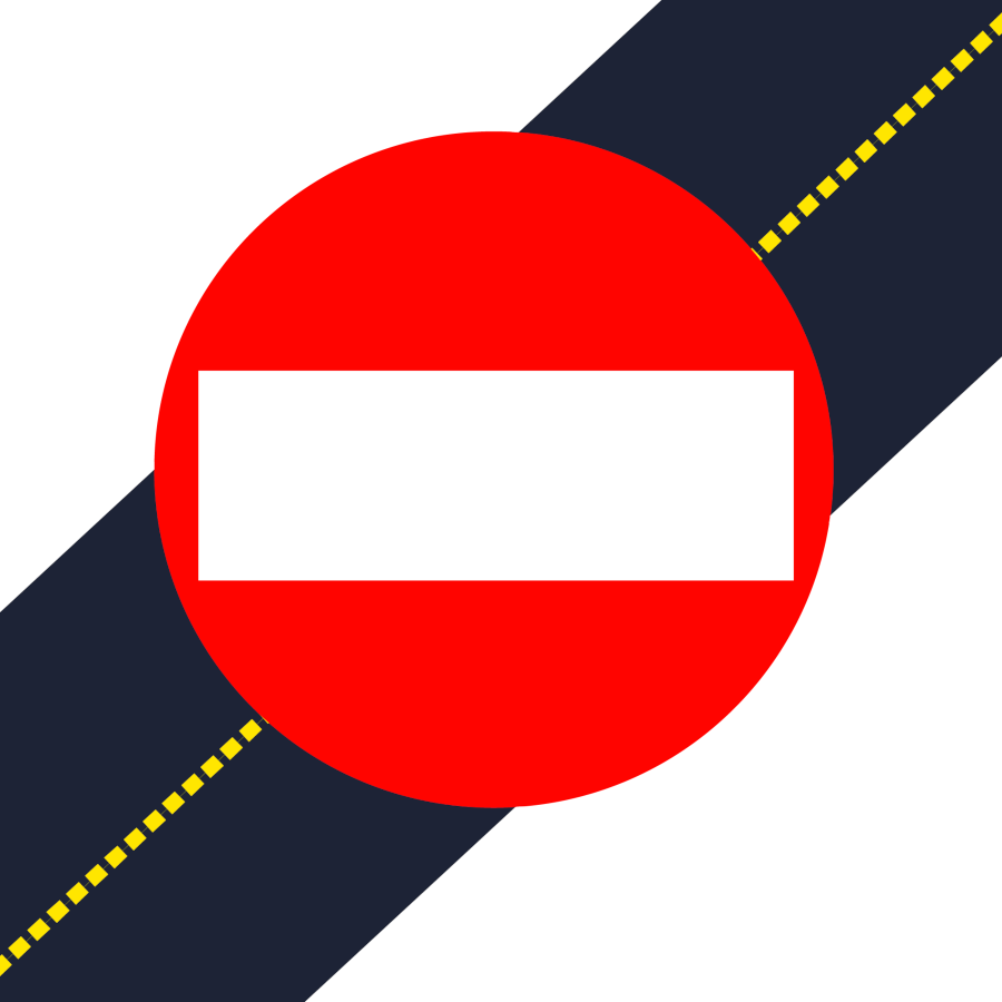 a road going diagonally with a red and white detour sign overlaid on it. 